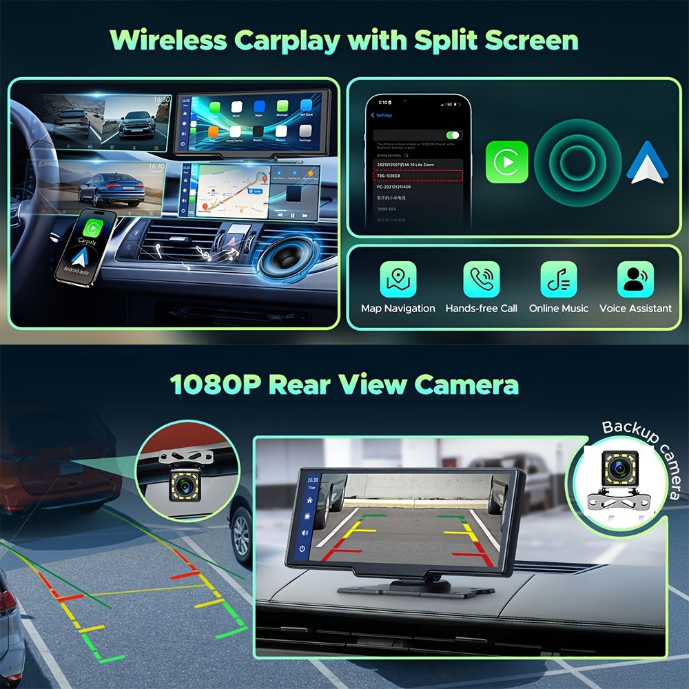 Sistem Auto Portabil 10,26” cu CarPlay Wireless și Android Auto, Cameră Duală, Hands-Free