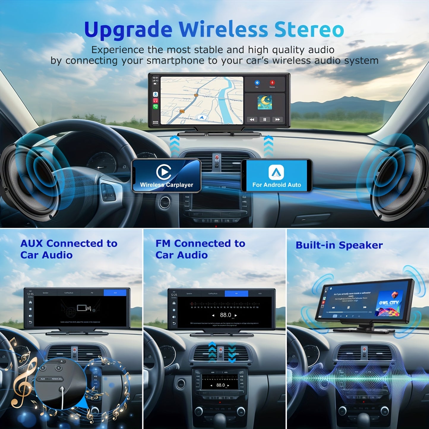 Sistem Auto Portabil 10,26” cu CarPlay Wireless și Android Auto, Cameră Duală, Hands-Free