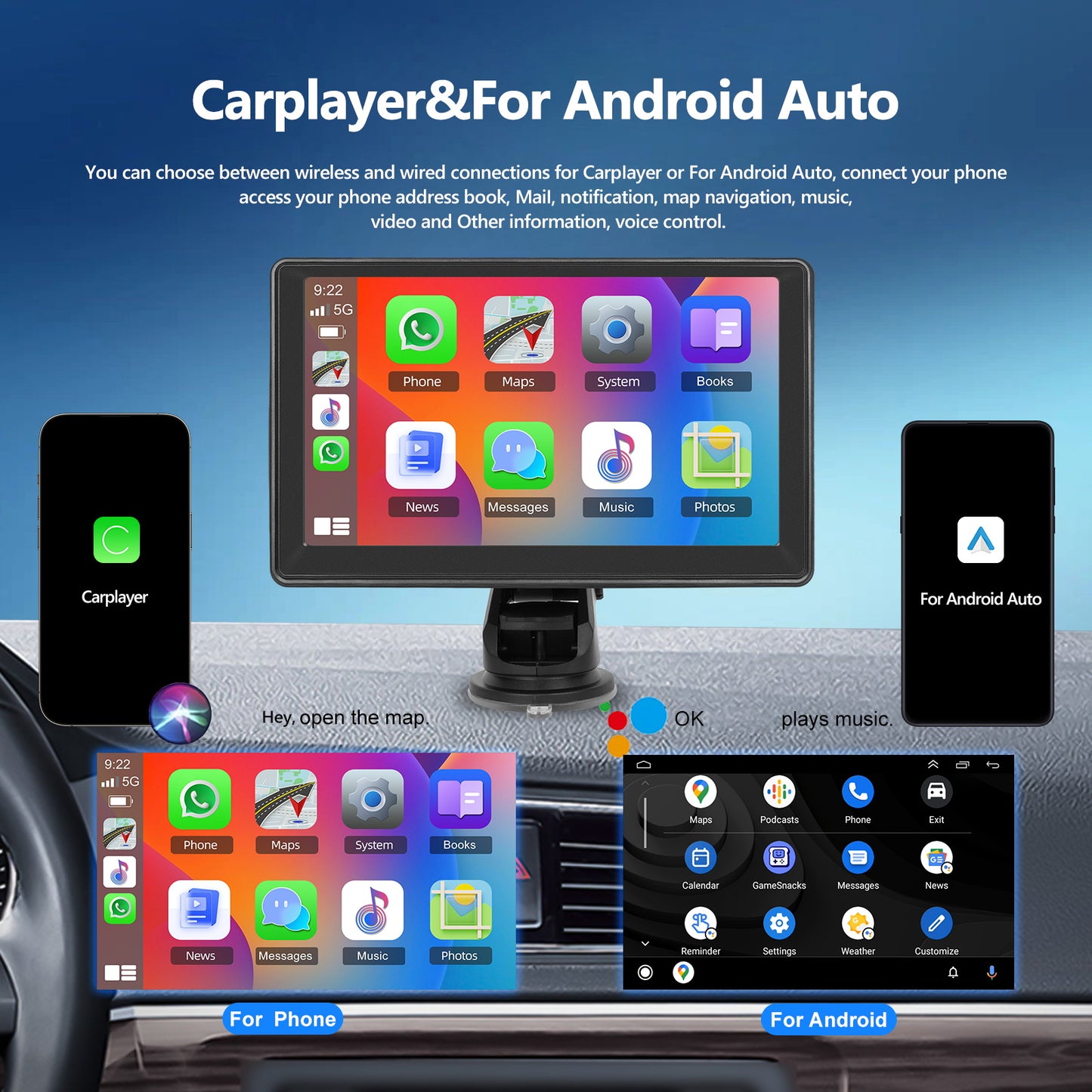 Sistem Auto Multimedia 7” cu CarPlay & Android Auto Wireless – Cameră Spate, AirPlay, FM și Control Vocal