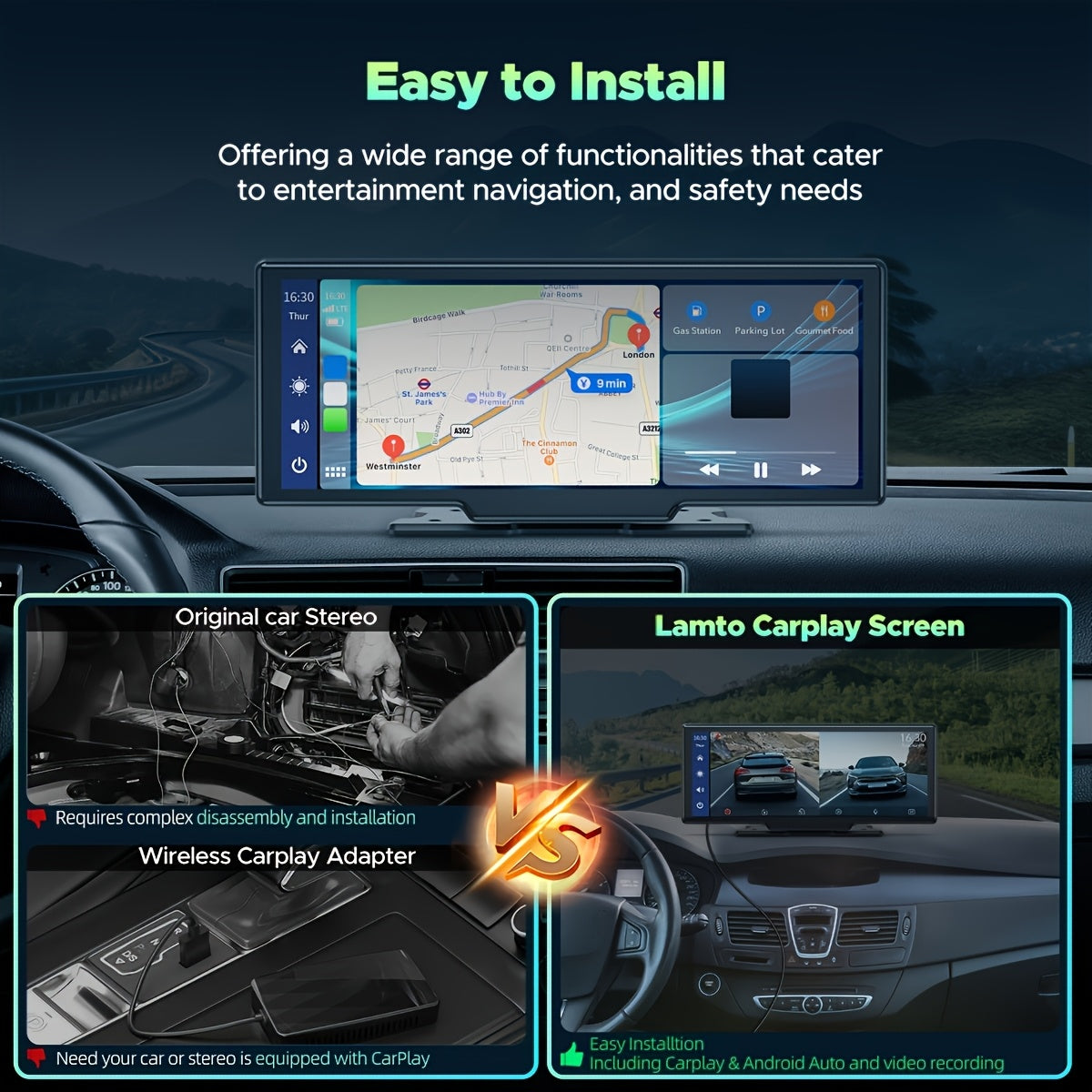 Sistem Auto Portabil 10,26” cu CarPlay Wireless și Android Auto, Cameră Duală, Hands-Free