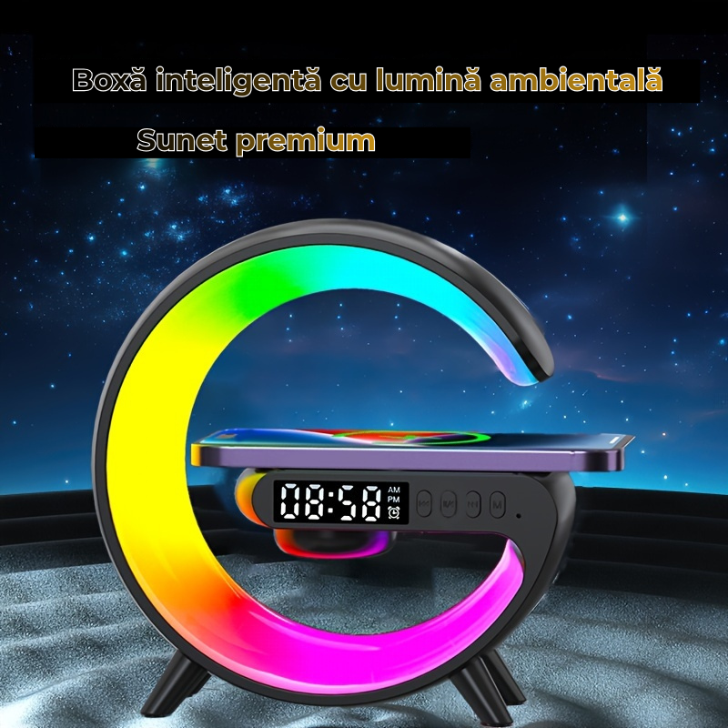 Smart Speaker Multifuncțional 4-în-1: Încărcare Wireless, Lumină RGB, Alarmă și Sunet Premium