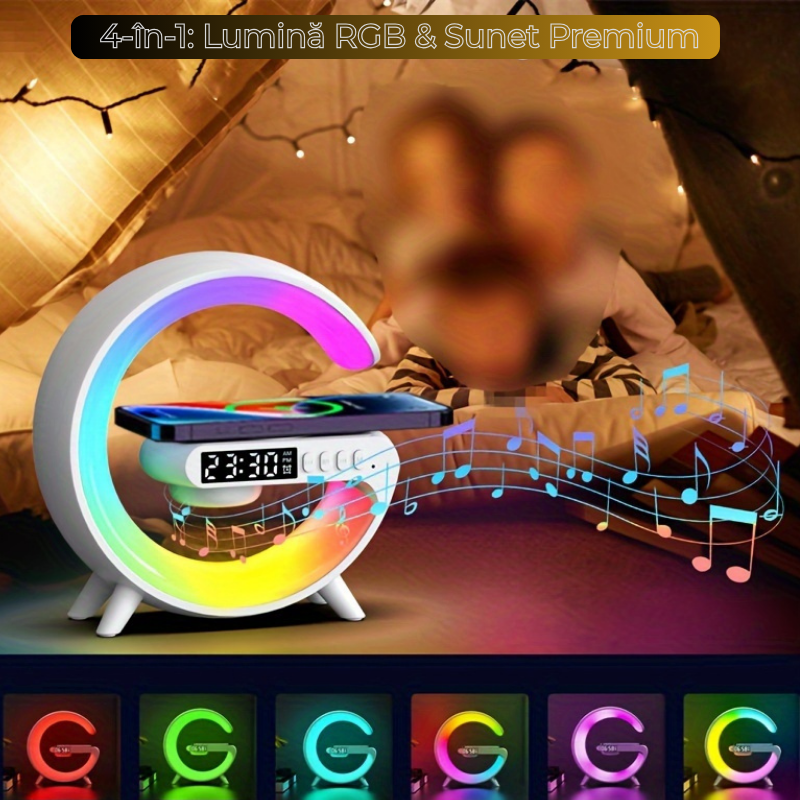 Smart Speaker Multifuncțional 4-în-1: Încărcare Wireless, Lumină RGB, Alarmă și Sunet Premium