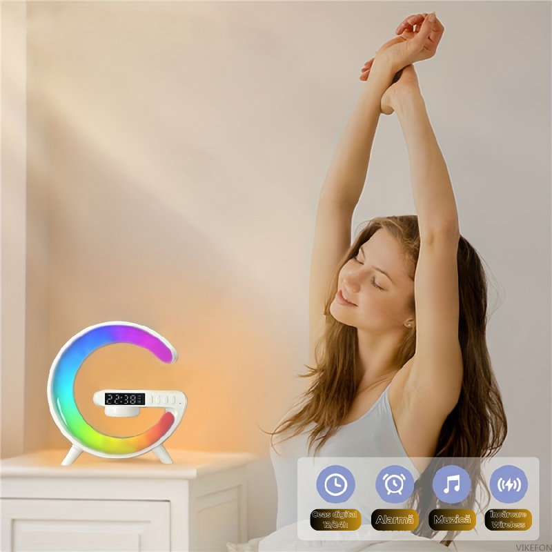 Smart Speaker Multifuncțional 4-în-1: Încărcare Wireless, Lumină RGB, Alarmă și Sunet Premium