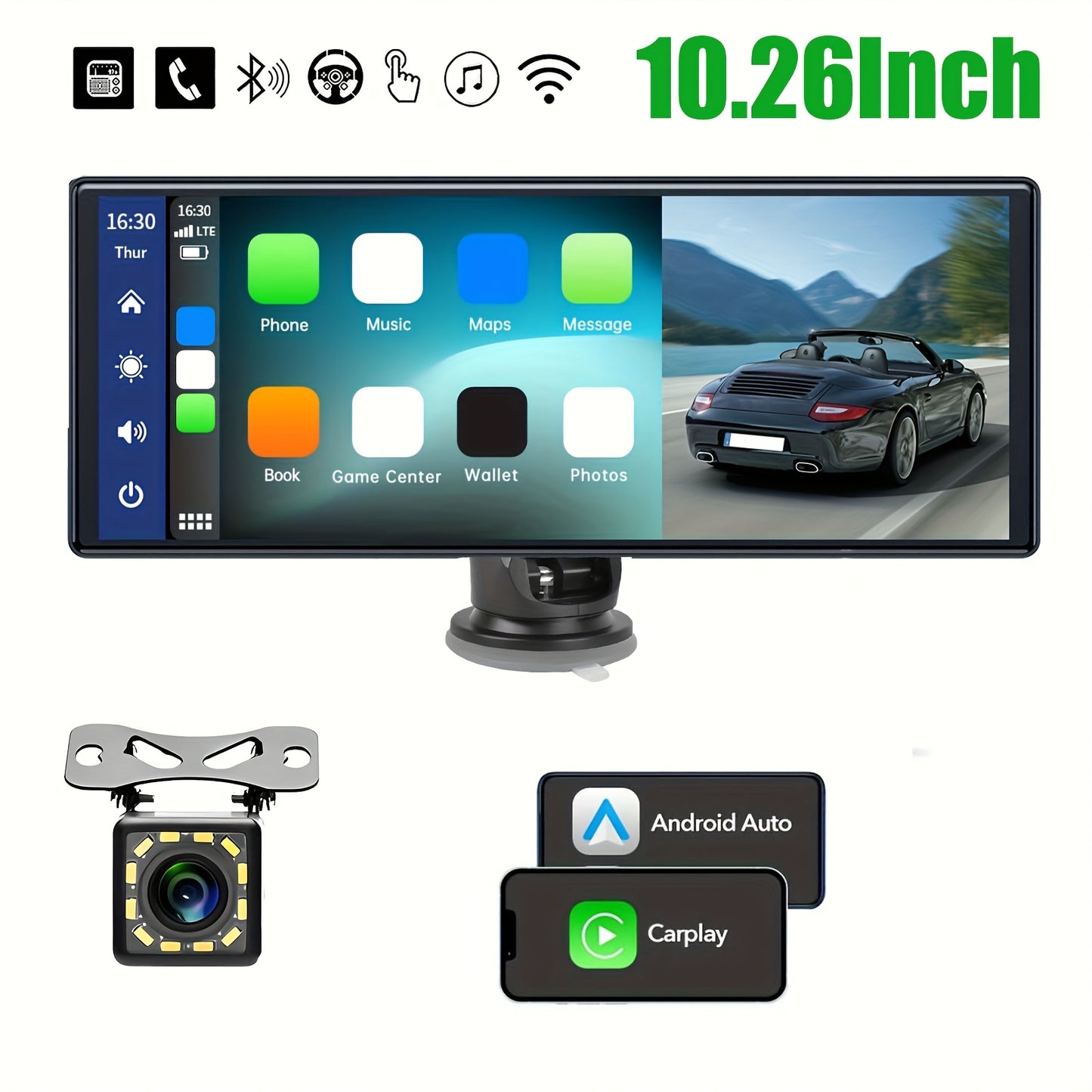 Sistem Auto Portabil 10,26” cu CarPlay Wireless și Android Auto, Cameră Duală, Hands-Free