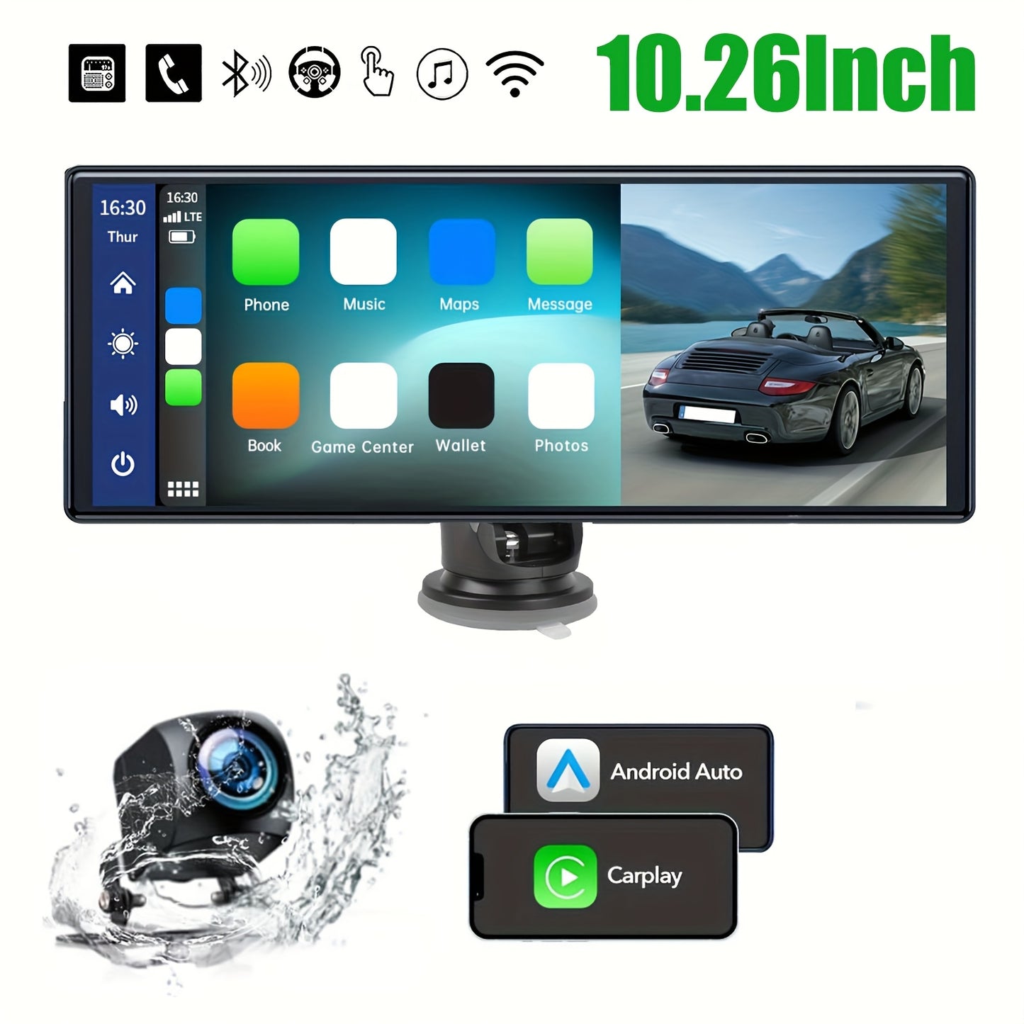 Sistem Auto Portabil 10,26” cu CarPlay Wireless și Android Auto, Cameră Duală, Hands-Free