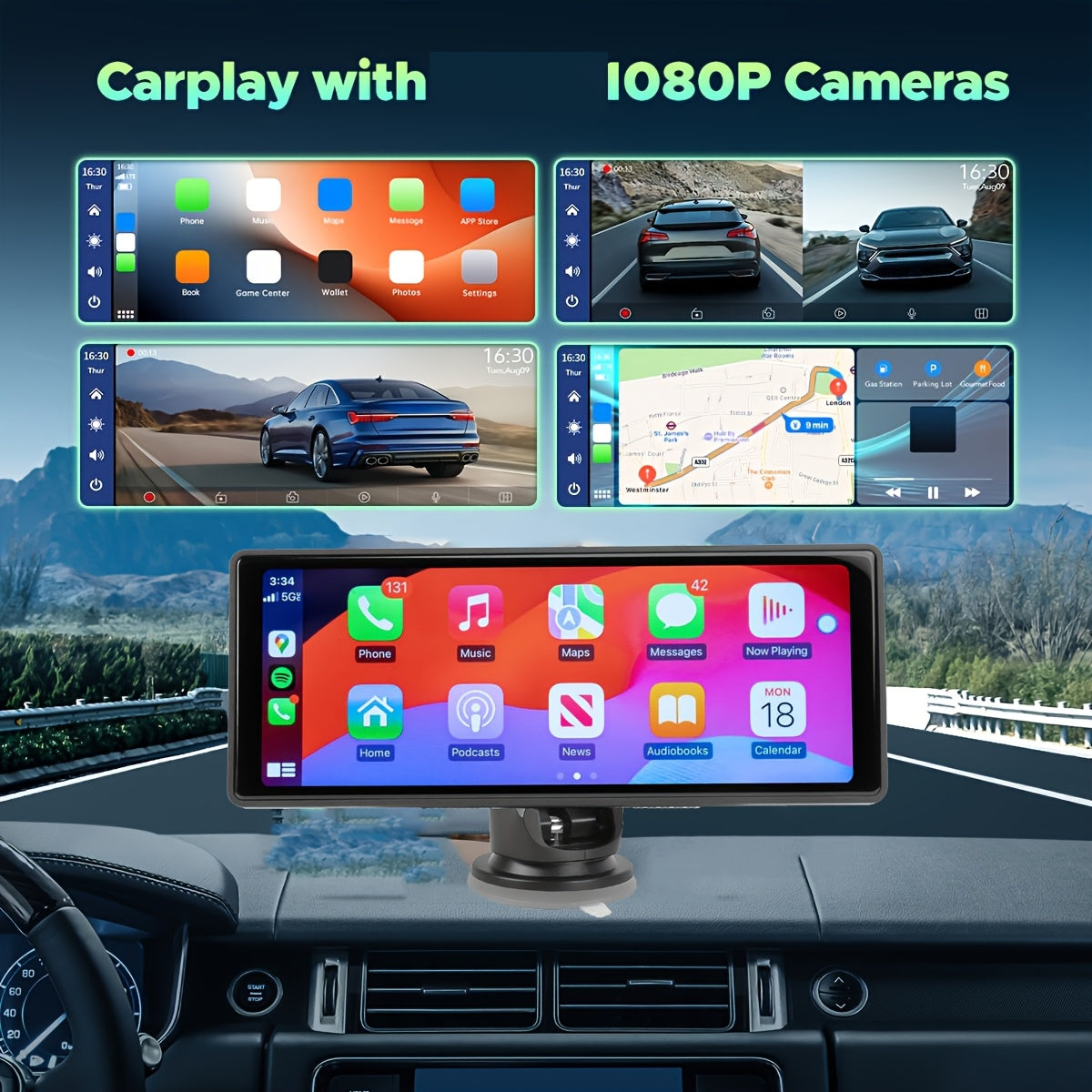 Sistem Auto Portabil 10,26” cu CarPlay Wireless și Android Auto, Cameră Duală, Hands-Free